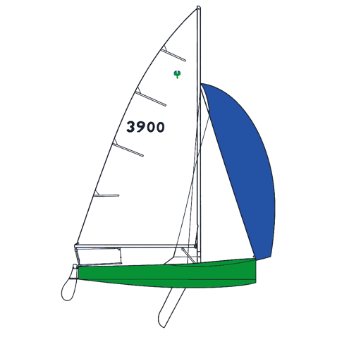 Thistlebase mark — the Thistle sail plan with white sails, blue spinnaker, and green hull
